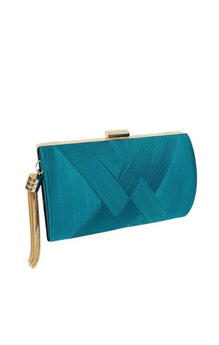 A structured teal clutch