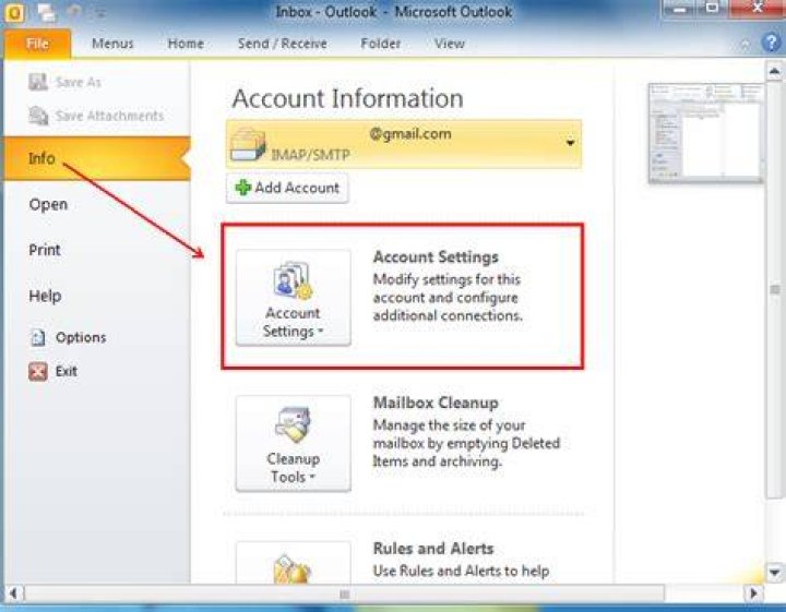 Account Settings button Outlook Error 0x8004210A on Windows