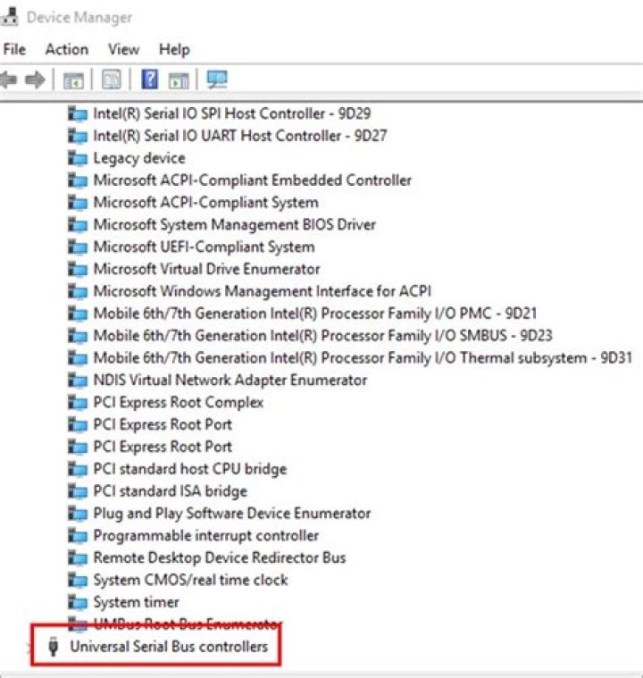 device manager-universal serial bus controllers