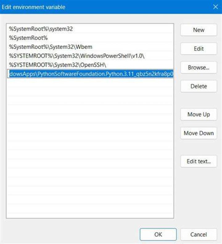 The Edit environment variable window Edit environment variable window pip is not recognized