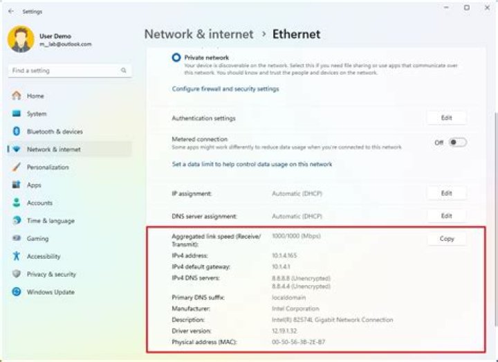 Ethernet adapter properties