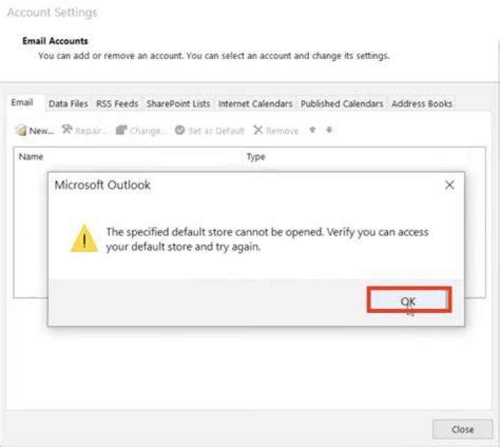 Mail Setup window Outlook Error 0x8004210A on Windows