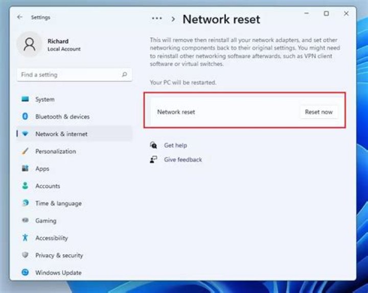 Network reset Reset now 