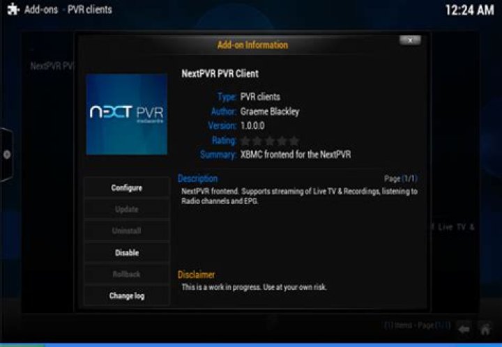 NextPVR main menu