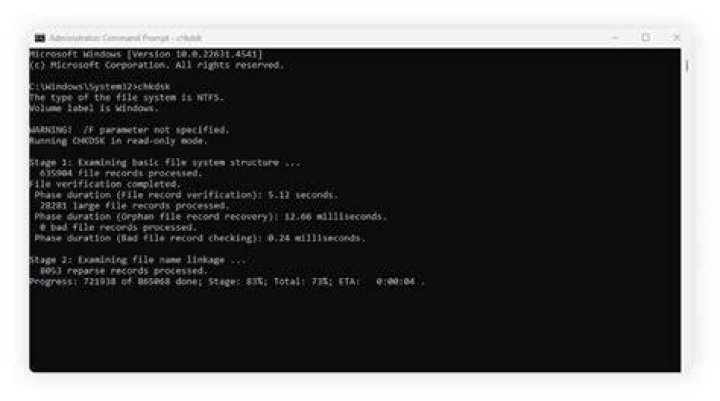 Running the CHKDSK command using the command prompt