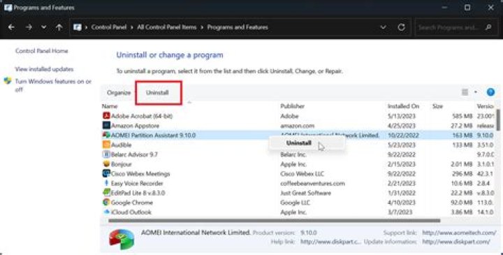 select Uninstall
