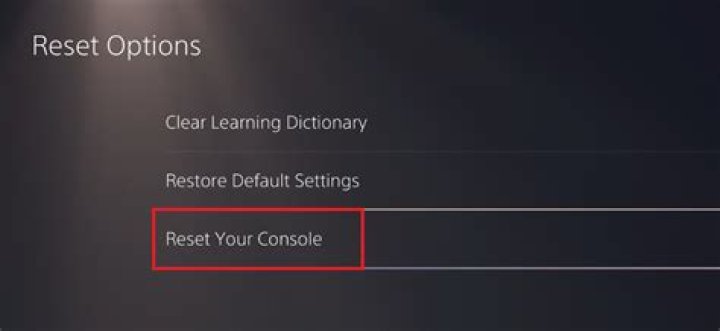 Selecting Reset Your Console to reset the PS5 to factory settings