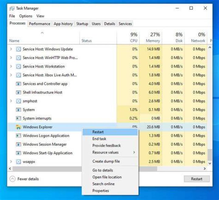 task manager processes restart windows explorer