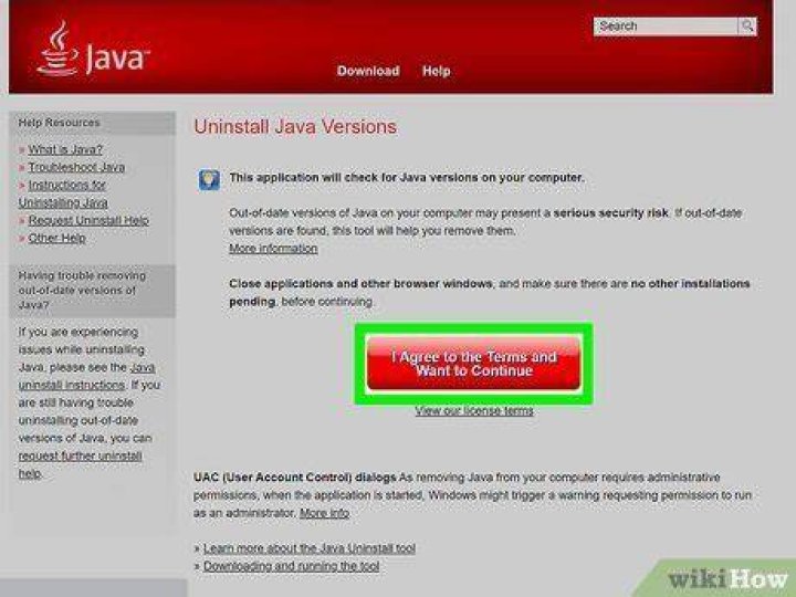 The Uninstall Java versions page your browser does not support java