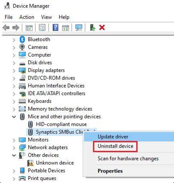 uninstall synaptics pointing device driver
