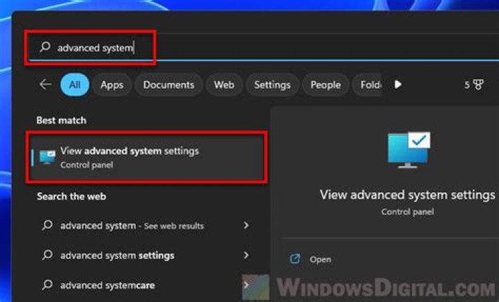 View advanced system settings to fix windows 11 not using all ram